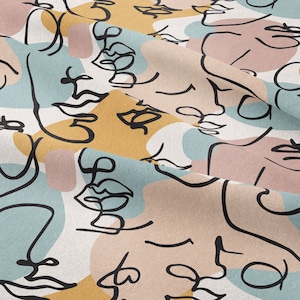 Coloful Line Art Faces Abstract Digital Printed Fabric By The Yard, Women Silhoutte Modern Decor Fabric for Chair, Sofa,  Pillow, Bag