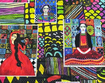 Colorful Woman Frida Printed Fabric by the yard