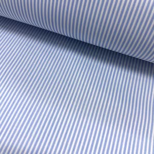 May include: Blue and white striped fabric with a subtle texture. The fabric is rolled up and the stripes are vertical.