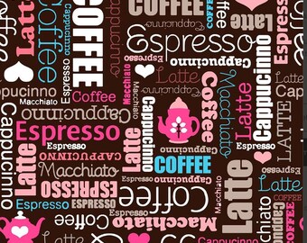 Coffee Words Print Fabric By The Yard , Espresso Latte Design,