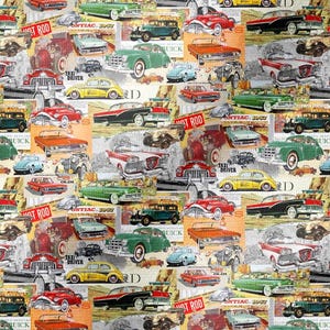 Vintage Cars  Printed Fabric By The Yard, Fashion Fabric, Retro Vintage Decor Fabric, 50s, 60s, 70s Fabric for Bag, Sofa, Chair, Tablecloth