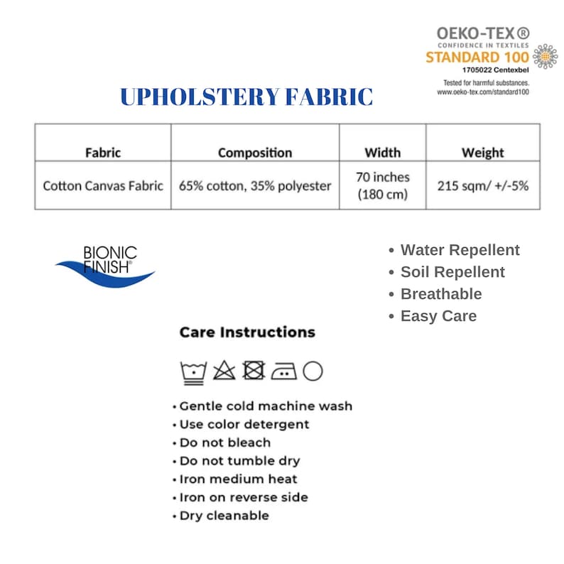 Op de afbeelding: Stofstaal voor bekleding met de tekst "Upholstery Fabric" en "Cotton Canvas Fabric". De stof is 65% katoen en 35% polyester. Hij is 70 inch (180 cm) breed en weegt 215 m&sup2; +/- 5%. De stof is waterafstotend, vuilafstotend, ademend en gemakkelijk te onderhouden. De wasinstructies omvatten voorzichtig wassen in koud water, gebruik van kleurwasmiddel, niet bleken, niet in de droger, strijken op middelhoge temperatuur, strijken aan de achterkant en chemisch reinigen.