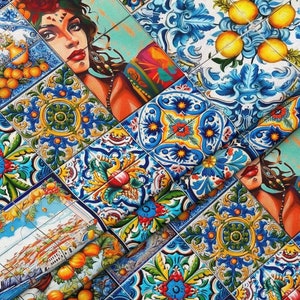 Majolica Ceramic Digital Printed  Upholstery  Fabric By The Yard, Sicillian Fabric for Chair, Sofa, Furniture Fabric, Drapery, Throw Pillow,
