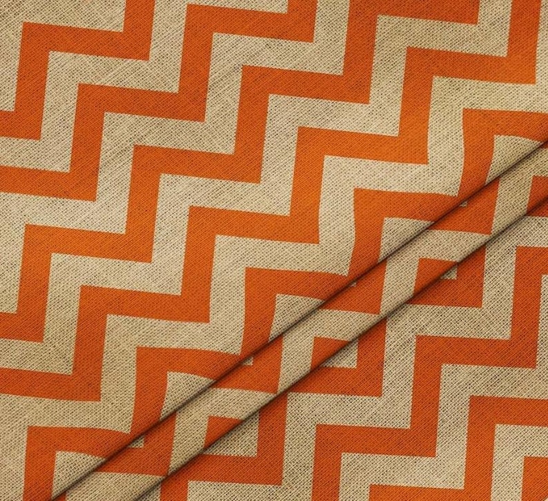 Orange Zigzag Jute Effect Printed Upholstery Fabric by the Yard, Retro
