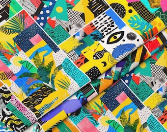 Pop Art Collage Upholstery Fabric, Colorful Retro Home Textile