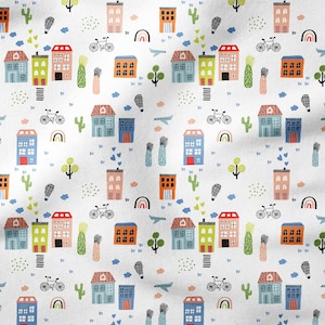 Colorful City Houses Printed Upholstery by the yard, Pop Art Fabric for bag, tablecloth, chairs, sofas, cushions, upholstery, home textile