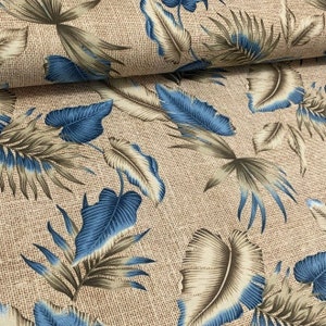 Blue Tropical Leaves Canvas Fabric: Water Repellent Upholstery Fabric
