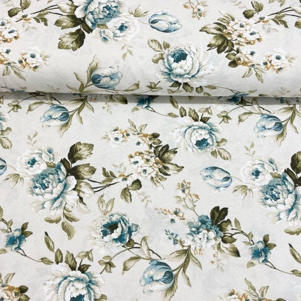 Roses Upholstery Fabric By Yard, Farmhouse Cottage Floral Fabric  for chair,sofa, bench, curtain, cushion, home textile fabric, Blue Roses