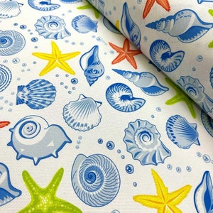 Sea Shells Printed Fabric, Nautical Upholstery Fabric by the yard, Tropical Fish Fabric, Ocean Fabric,  Underwater Sea Decor Fabric