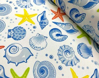 Sea Shells Printed Fabric, Nautical Upholstery Fabric by the yard, Tropical Fish Fabric, Ocean Fabric,  Underwater Sea Decor Fabric