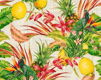 Tecido de linho para estofamento com estampa de pavão e limão, decoração tropical, vendido por metro.