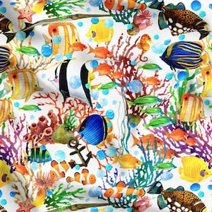 Tropical Fish Fabric, Nautical Upholstery Fabric by the yard, Aquairum Fabric, Starfish and Coral Reef Coastal Fabric for Home Decor
