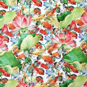 Japanese Koi Fish Lotus Fabric, Nautical Upholstery Fabric by the yard,  Fish Fabric, Asian Fabric, Gift for home
