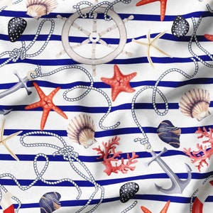 Marine Stripe, Coastal Decor Fabric, Nautical Upholstery Fabric by the yard, Tropical Starfish, Sea Shell , Anchor Fabric, Ocean Fabric,,