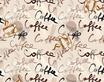 Coffee Print Cream Polyester Fabric, Espresso Latte Kitchen Decor, By The Yard