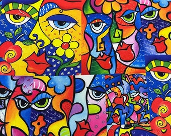 Tela de tapicería con grafitis pop art y caras abstractas coloridas