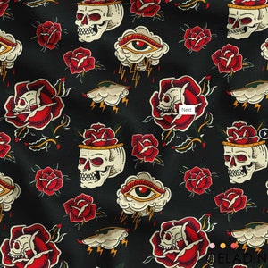 Halloween Red Roses and Skull Fabric by the yard, Pop Art Fabric for bag, tablecloth, chairs, sofas,  cushions, upholstery, drapery