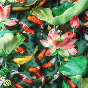 Koi Fish Lotus Fabric, Green Nautical Upholstery Fabric by the yard, Japanese  Fish Fabric, Asian Fabric, Gift for home