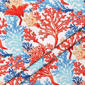 Orange Blue Coral Reef Print Fabric – Coastal Tropical Print – Home Decor, Upholstery Chair, Cushions, Drapes, DIY Project, Nautical Fabric
