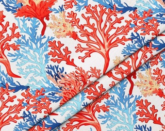 Orange Blau Korallenriff Print Stoff - Küsten Tropischer Druck - Dekoration für Polsterstuhl, Kissen, Vorhänge, DIY Projekt, nautischer Stoff