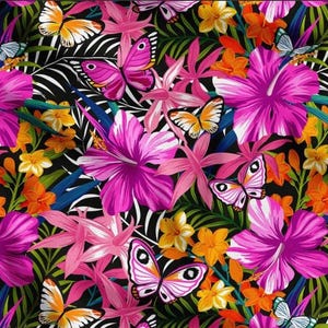 Tropical Purple Flowers with Butterflies Print Upholstery Fabric,  Exotic Decor Fabric for Chairs, Cushion, Tablecloth, Botanical Fabric