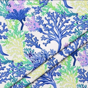 Blue Green Coral Reef Print Upholstery, Coastal Home Decor Fabric, Nautical Fabric for Chair, Tablecloth, Curtain, Cushion, Sofa, Pillow