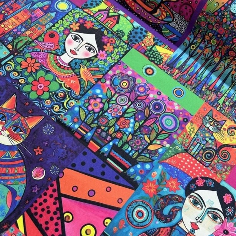 Colourful Folk Art Frida Kahlo and Cat Fabric by the Yard, Boho Home ...