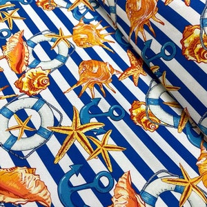 Stripe Marine Fabric, Nautical Upholstery Fabric by the yard, Tropical Starfish Fabric, Ocean Fabric,, Coastal Home Decor Fabric