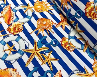 Stripe Marine Fabric, Nautical Upholstery Fabric by the yard, Tropical Starfish Fabric, Ocean Fabric,, Coastal Home Decor Fabric