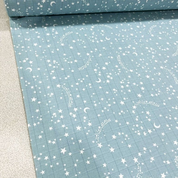 Stars Double Gauze Fabric, %100 Cotton Muslin Fabric By the yard,  Fabric for Baby Blanket, Swaddle, Bibs, Summer Dress