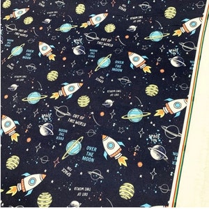 Space Planet Printed Fabric by the yard, In the Universe Rocket Ship Fabric for kids room decor, chairs upholstery, curtains,cushions fabric