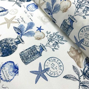 Blue Vases Marin Decor Fabric, Nautical Modern Upholstery Fabric by the yard, Tropical Starfish Fabric, Ocean Fabric,  Underwater Sea Decor