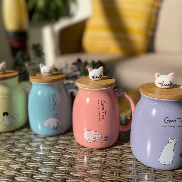 Cute Cat Ceramic mug, with a Lovely Bamboo Kitty lid and Stainless-Steel Spoon