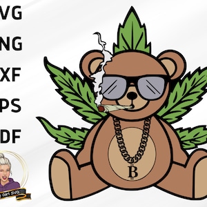 May include: A brown teddy bear wearing sunglasses and a gold chain with a bitcoin pendant. The bear is sitting in a marijuana leaf with a joint in its mouth.