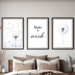 May include: Three framed prints with a white background and a watercolor illustration of a dandelion. The middle print has the text "Make a wish" in black.