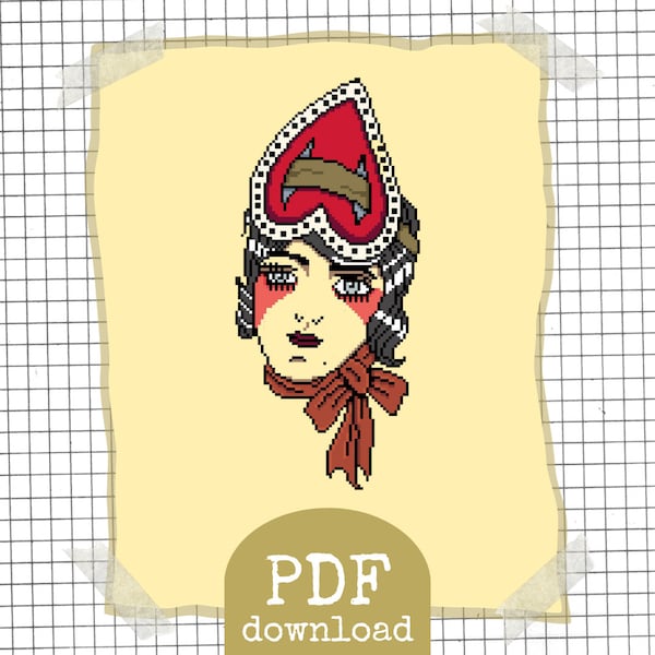 American Traditional Tattoo Flash Bert Grimm Queen of Hearts Modern Counted Cross-stitch Pattern