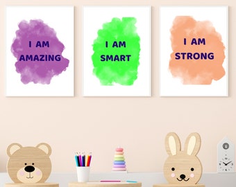 Kids I AM Affirmation Motivational Printable 3 Piece Wall Art Digital Instant Download