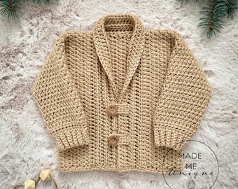Modèle de cardigan au crochet pour bébé WEAVER : col châle facile, tailles 0-4 ans (modèle PDF)
