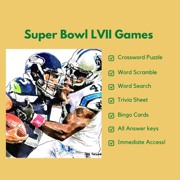 Super Bowl LVII Fun & Games -  Crossword Puzzle, Word Search, Word Games, Super Bowl Trivia, Football Bingo