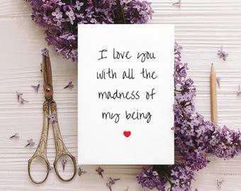 Carte de voeux Je t&#39;aime de toute la folie de mon être Carte de voeux Je t&#39;aime Cartes Je t&#39;aime Cartes romantiques (1, 10, 30 et 50 pièces)