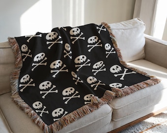 Gothic Skull Woven Blanket - Cotton Goth Throw with Fringed Edges