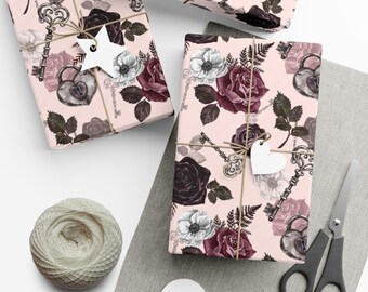 Victorian Gothic Wrapping Paper: Pink Floral, Keys, Locks
