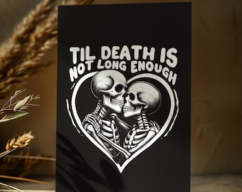 Tarjeta de San Valentín con esqueleto espeluznante, amor gótico de terror