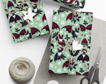Papel de regalo con murciélagos navideños, papel de regalo gótico para las fiestas