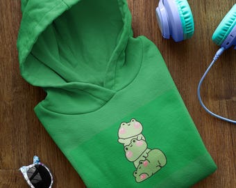 Kawaii Frog Hoodie: Unisex Cotton-Blend Green Sweatshirt