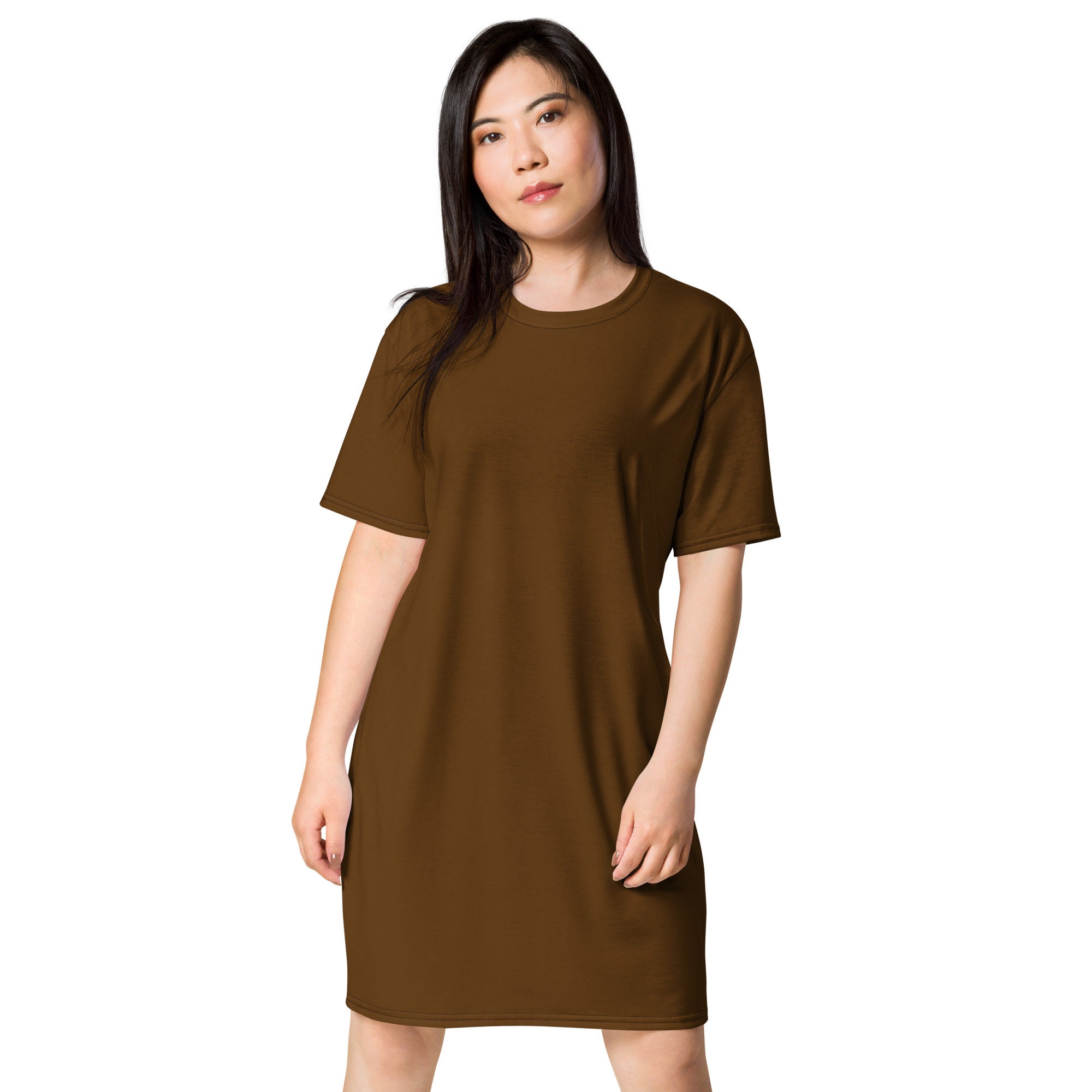 Solid Brown T-shirt Dress for Women, Cute Aesthetic Fashion Shirt Dress, All over Print, Loungewear, Comfy Aloha Hawaiian Beach Dress
