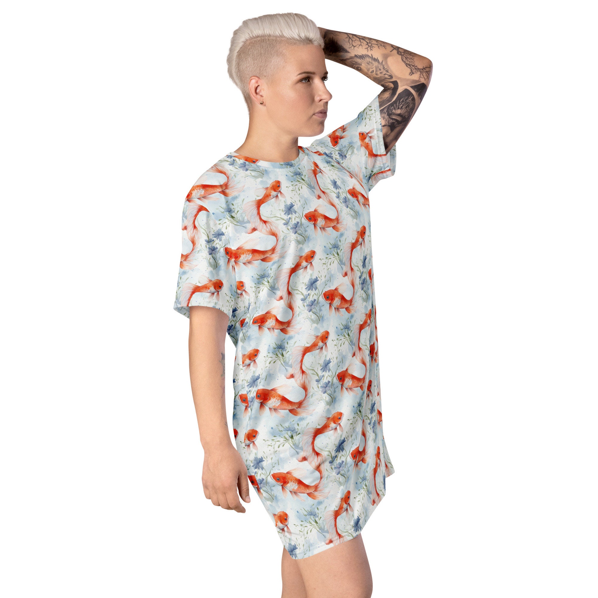 koi fish overdyed t shirt dress Koi Fish Printed T-shirt Dress, Streetwear Aesthetic Tee shirt Dress, All over print, Comfy Loungewear Dress, Loose Fit, Urban Clothing