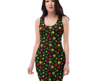 Marijuana Cannabis Leaf Printed Bodycon Dress, Weed All Over Print  Fashion Evening Party Dress, Summer Beach Dress, Stoner Gifts