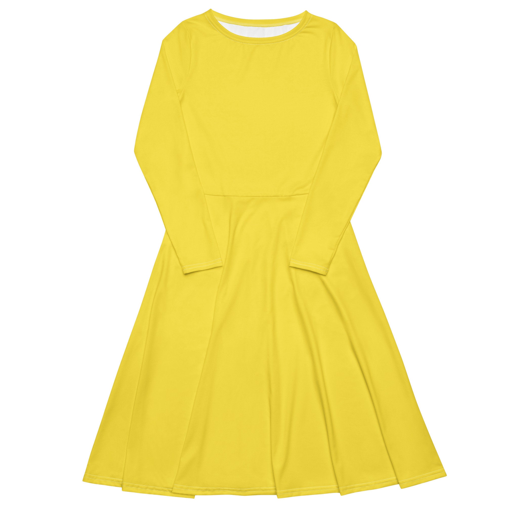 Solid Bright Yellow Midi Dress Women, Full Sleeves Evening Party, Round Neck Party Dress, Plain Summer Beach Dress, Casual Dress with Pocket Solid Bright Yellow Midi Dress Women, Full Sleeves Evening Party, Round Neck Party Dress, Plain Summer Beach Dress, Casual Dress with Pocket