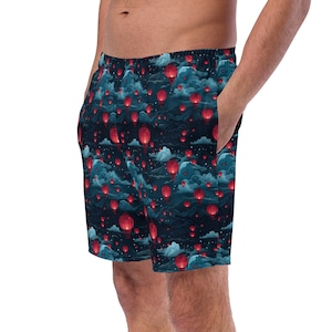 Chinese Lanterns Printed Men&#39;s Swim Trunks, All over Print Swimming Trunks Shorts, Aesthetic Summer Beach Pool Swim Trunks, Sporty Trunks